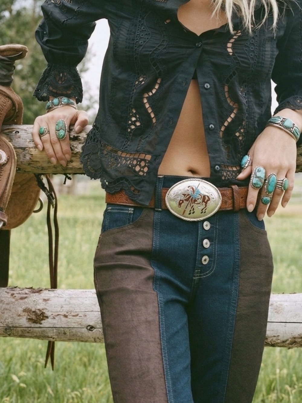 Vintage Native Belt Buckle with leather belt Turquoise stone chips southwestern